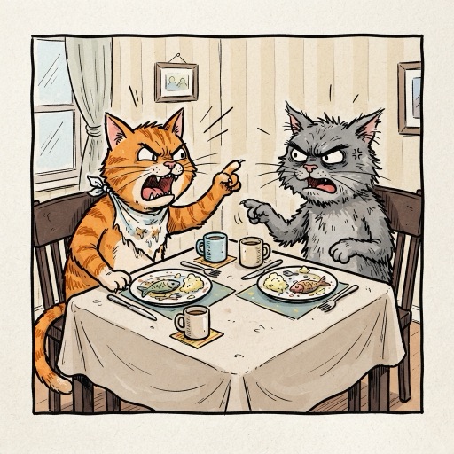 two cats arguing at a dinner table, one yelling