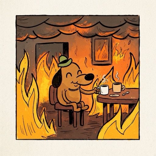 cartoon dog drinking coffee in a burning room